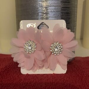 Pink Flower Rhinestone Statement Earrings Fabric Floral Stud Earrings